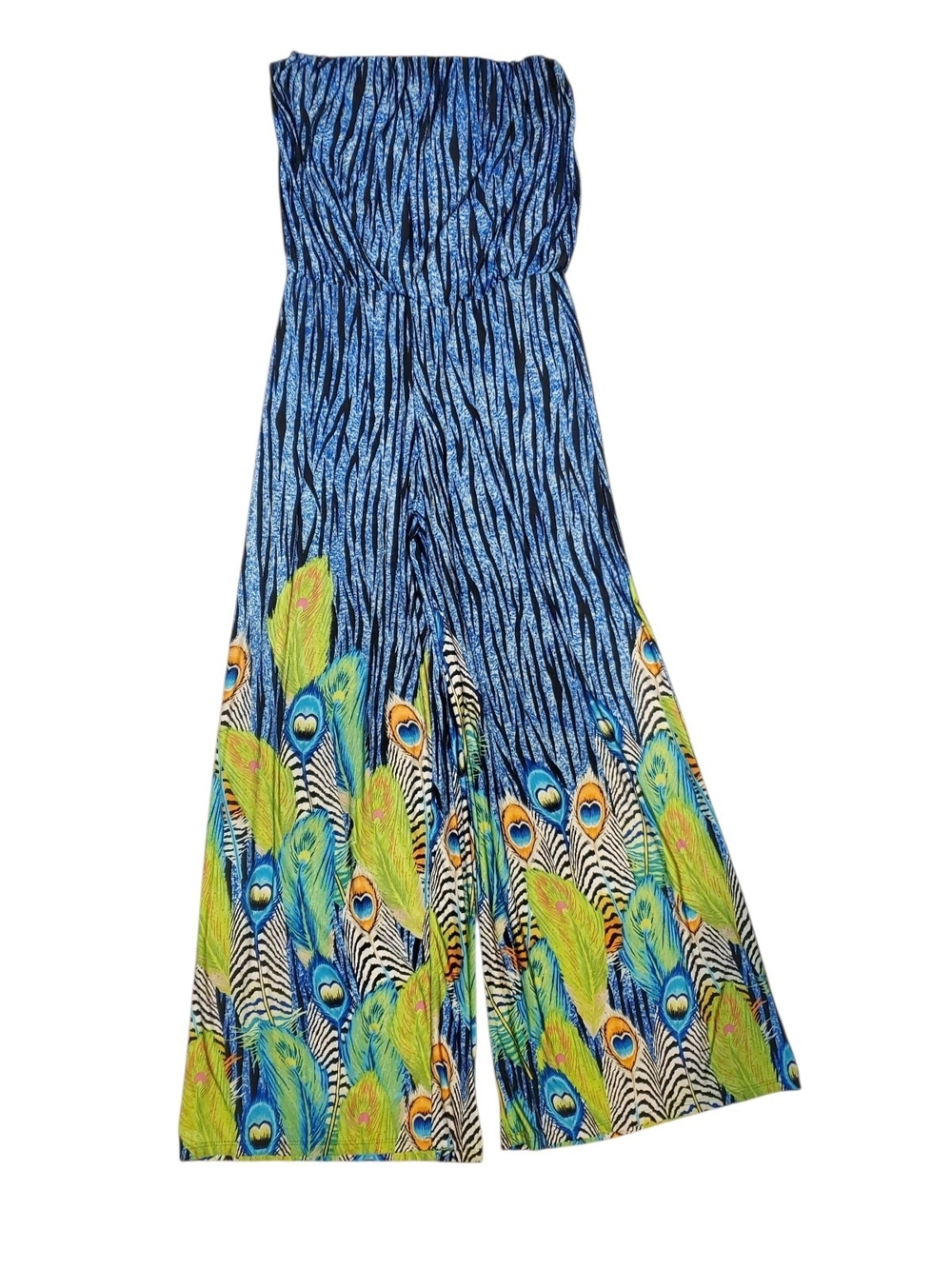 Symphony Strapless Peacock-Print Wide-Leg Jumpsuit in Blue and Green